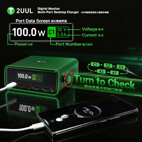Мережевий зарядний пристрій 2UUL PC12, 100 Вт, Quick Charge, Power Delivery (PD), 5 портів Прев'ю 3