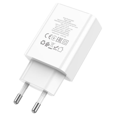 Mains Charger Hoco C100A, (20 W, Quick Charge, Power Delivery (PD), white, with LCD, 2 outputs) #6931474769800 Preview 2