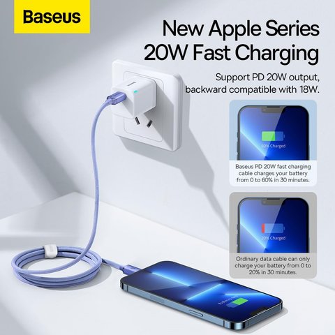 USB кабель Baseus Crystal Shine Series, USB тип-C, Lightning, 120 см, 20 Вт, фиолетовый, в нейлоновой оплетке, #CAJY000205 Превью 2
