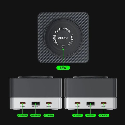 Adaptador de red RELIFE Q7, W, Wireless Charge, Quick Charge, 6 puertos Vista previa  6